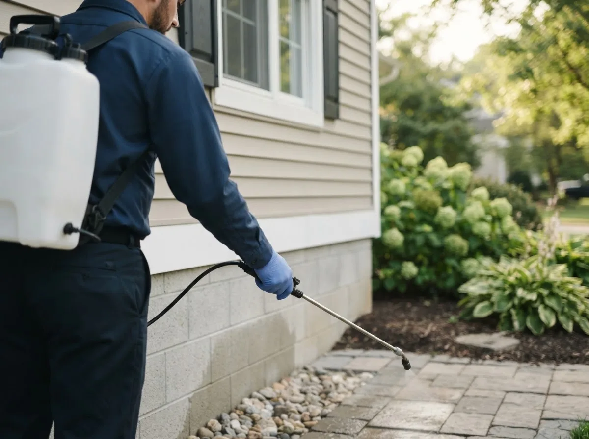Pest control technician inspecting a home in Eddyville, NE